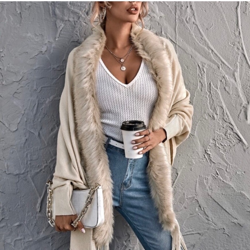 Cozy Poncho Sweater Faux Fur Shawl Fringe Oversized Cream Knit Winter Sweater